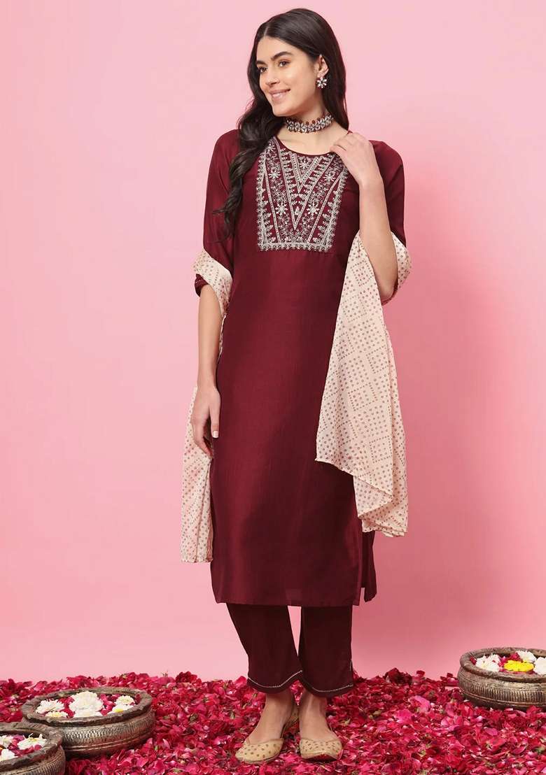 Maroon Embroidered Silk Blend Straight Kurta Set - Indya