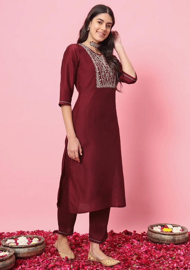 Maroon Embroidered Silk Blend Salwar Kameez With Dupatta