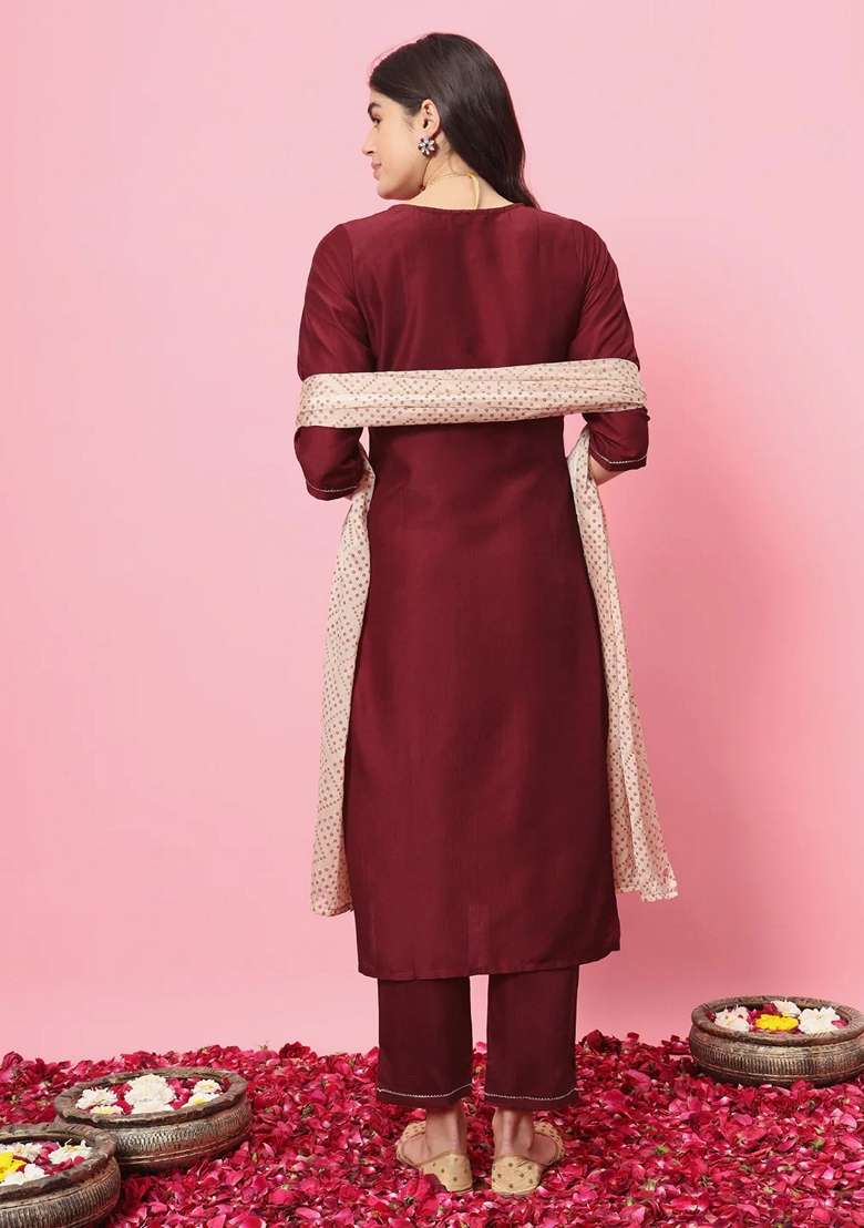 Maroon Embroidered Silk Blend Straight Kurta Set - Indya
