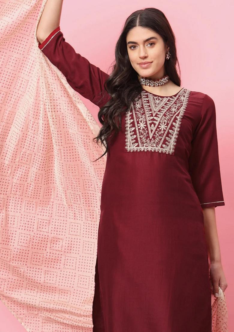 Maroon Embroidered Silk Blend Salwar Kameez With Dupatta