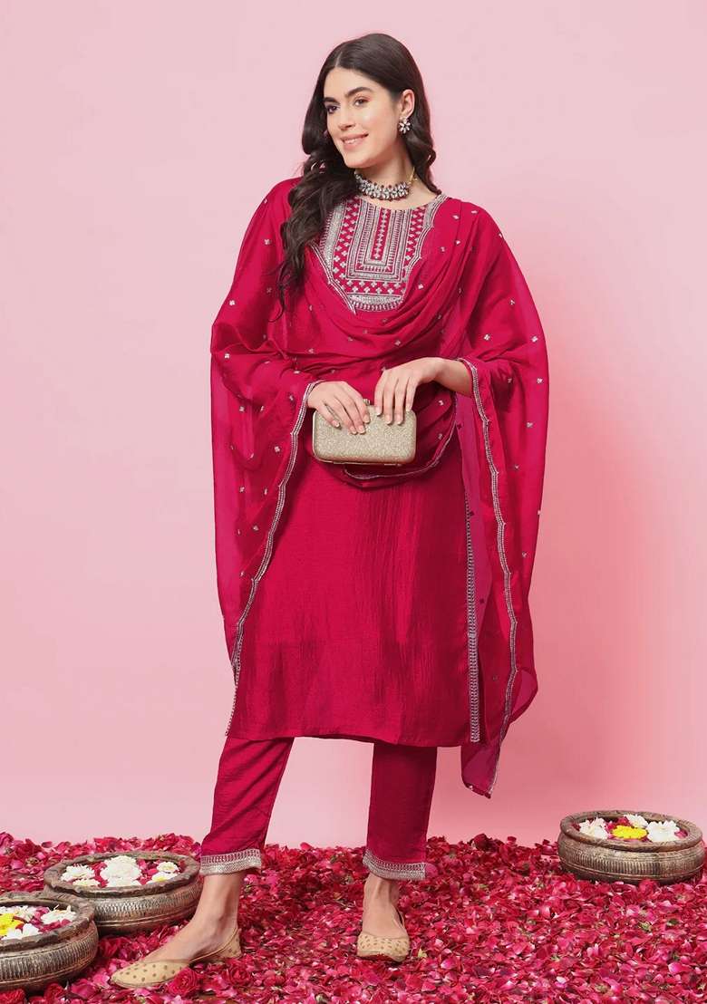 Pink Embroidered Silk Blend Salwar Kameez With Dupatta - Indya