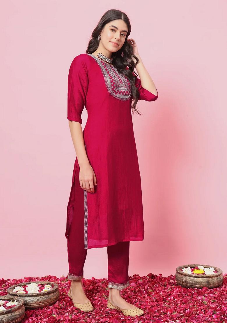 Pink Embroidered Silk Blend Salwar Kameez With Dupatta