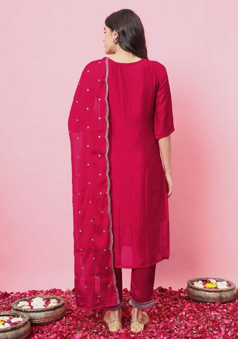 Pink Embroidered Silk Blend Salwar Kameez With Dupatta - Indya