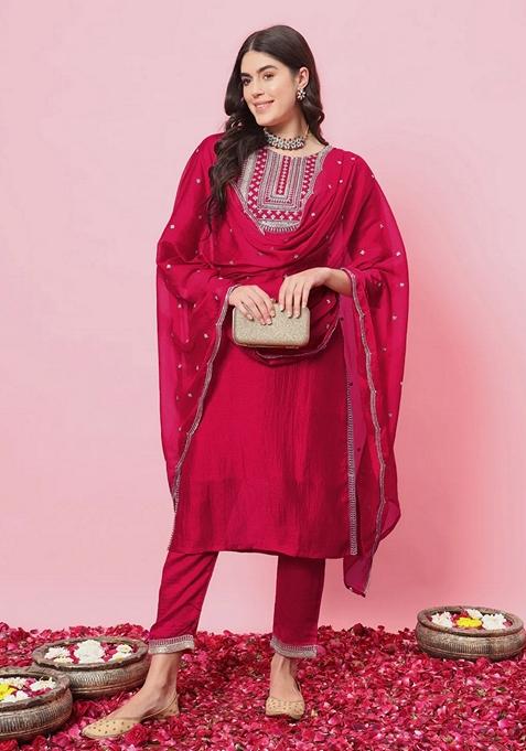 Pink Embroidered Silk Blend Salwar Kameez With Dupatta