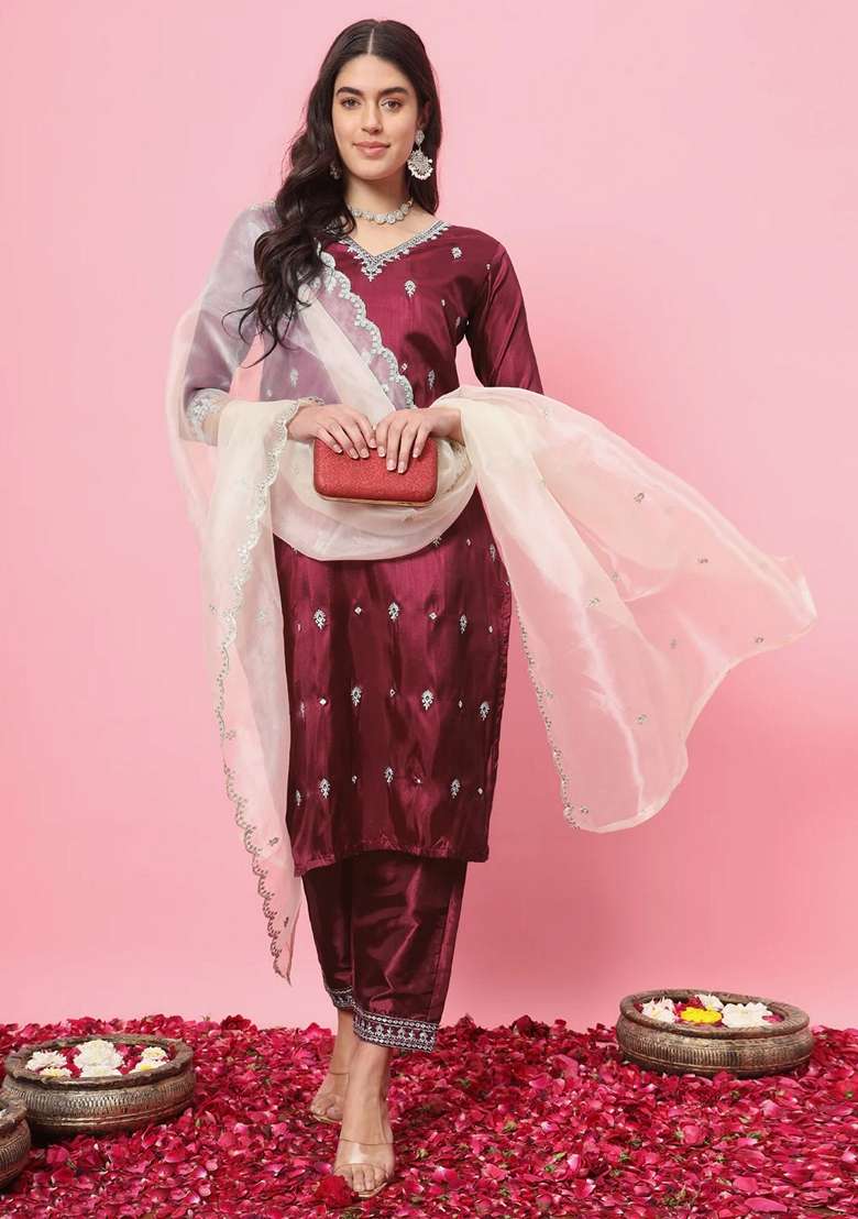 Cherry Red Embroidered Silk Blend Pakistani Suit Set - Indya