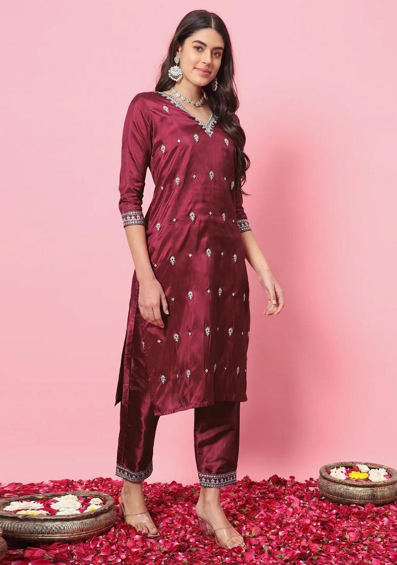 Cherry Red Embroidered Silk Blend Salwar Kameez With Dupatta