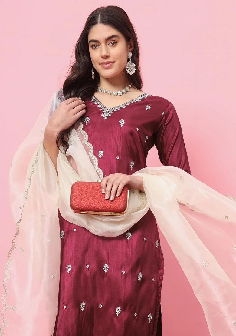 Cherry Red Embroidered Silk Blend Salwar Kameez With Dupatta