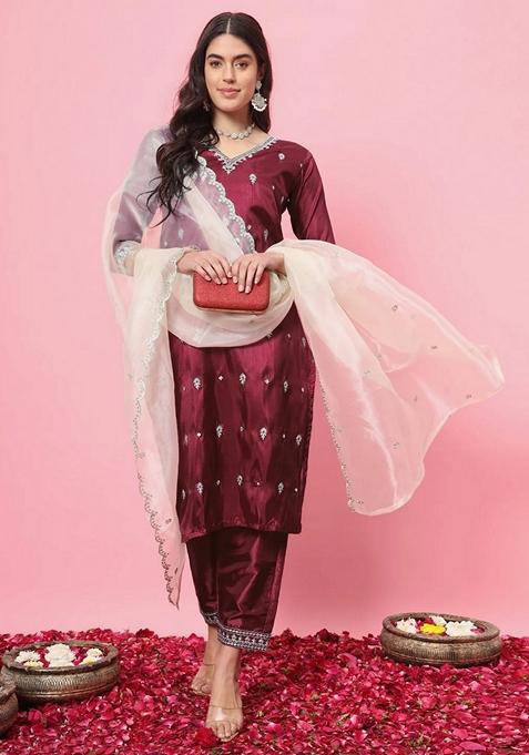 Cherry Red Embroidered Silk Blend Salwar Kameez With Dupatta