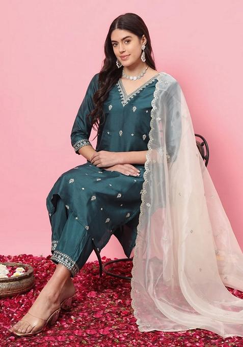 Green Embroidered Silk Straight Kurta Set