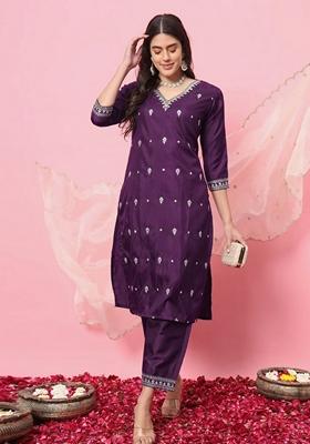 Purple Embroidered Silk Blend Salwar Kameez With Dupatta