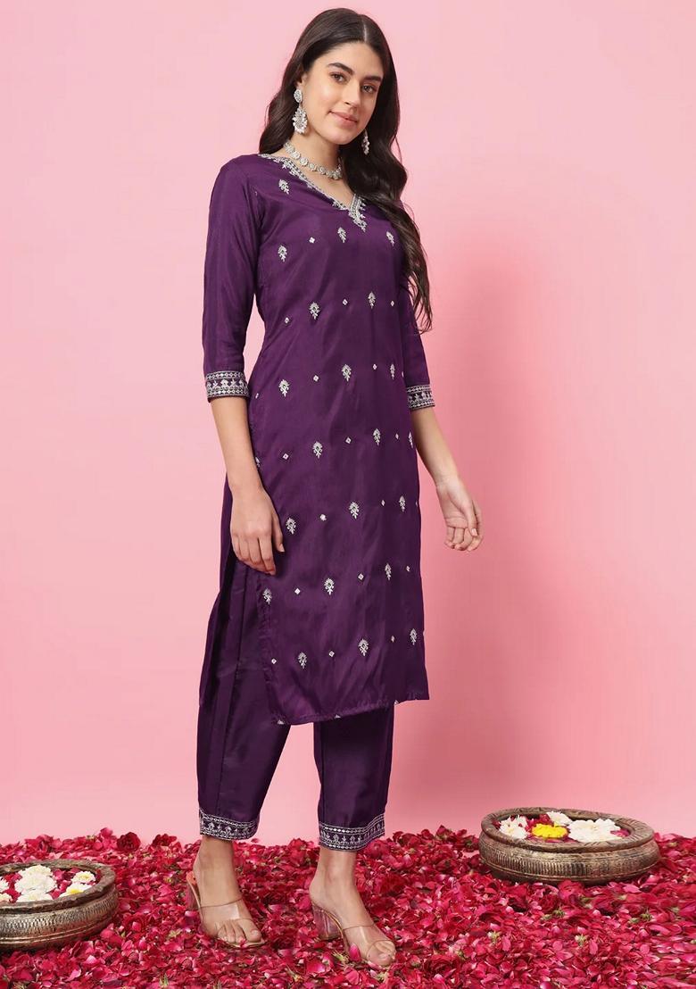 Purple Embroidered Silk Blend Salwar Kameez With Dupatta