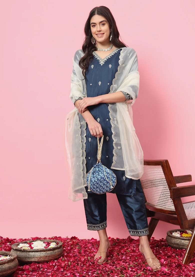 Teal Blue Embroidered Silk Blend Straight Kurta Set - Indya