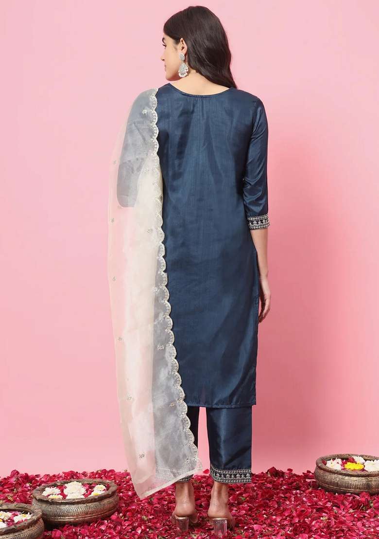 Teal Blue Embroidered Silk Blend Straight Kurta Set - Indya