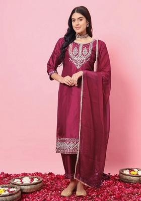 Cherry Red Embroidered Silk Blend Salwar Kameez With Dupatta