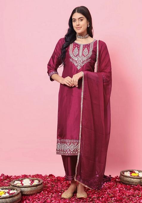 Cherry Red Embroidered Silk Blend Salwar Kameez With Dupatta