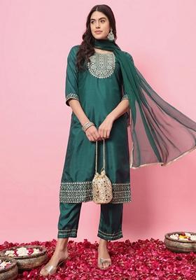 Green Embroidered Silk Blend Salwar Kameez With Dupatta