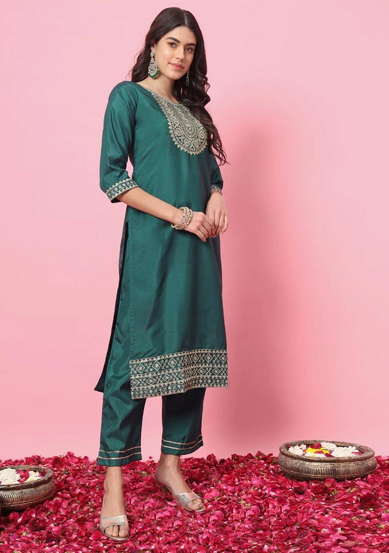 Green Embroidered Silk Blend Salwar Kameez With Dupatta