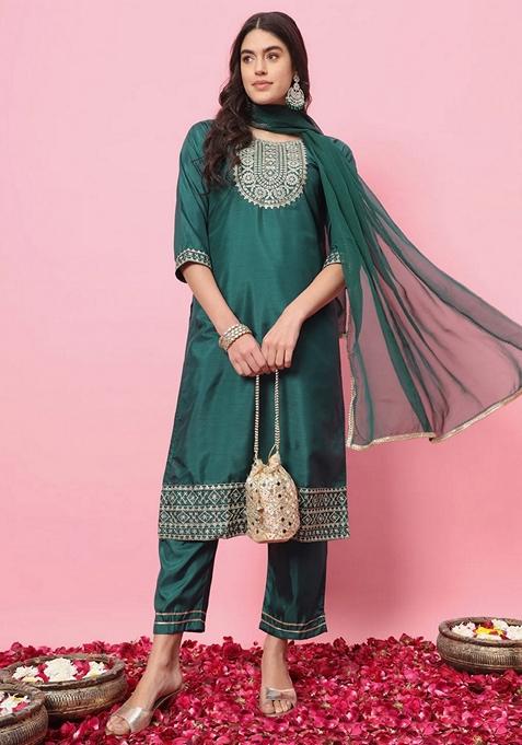 Green Embroidered Silk Blend Salwar Kameez With Dupatta