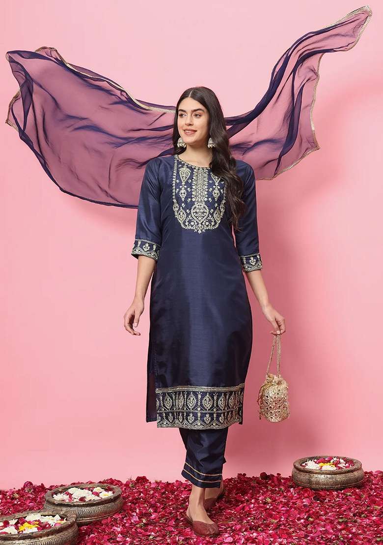 Navy Blue Embroidered Silk Blend Salwar Kameez With Dupatta - Indya