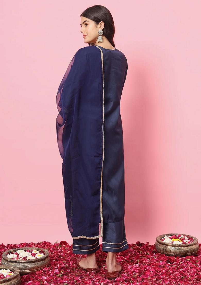 Navy Blue Embroidered Silk Blend Salwar Kameez With Dupatta