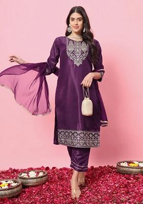 Purple Embroidered Silk Blend Salwar Kameez With Dupatta