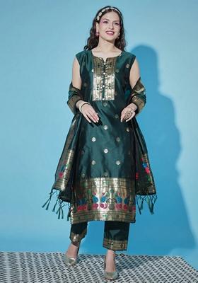 Green Banarasi Woven Self Designed Pure Cotton Salwar Kameez With Dupatta