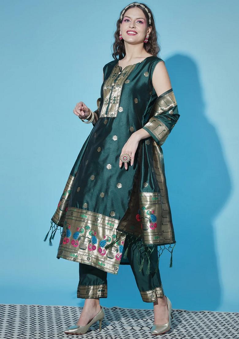 Green Banarasi Woven Self Designed Pure Cotton Salwar Kameez With Dupatta