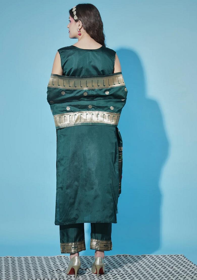 Green Banarasi Woven Self Designed Pure Cotton Salwar Kameez With Dupatta