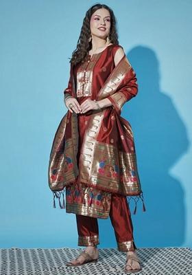 Maroon Banarasi Woven Self Designed Pure Cotton Salwar Kameez With Dupatta