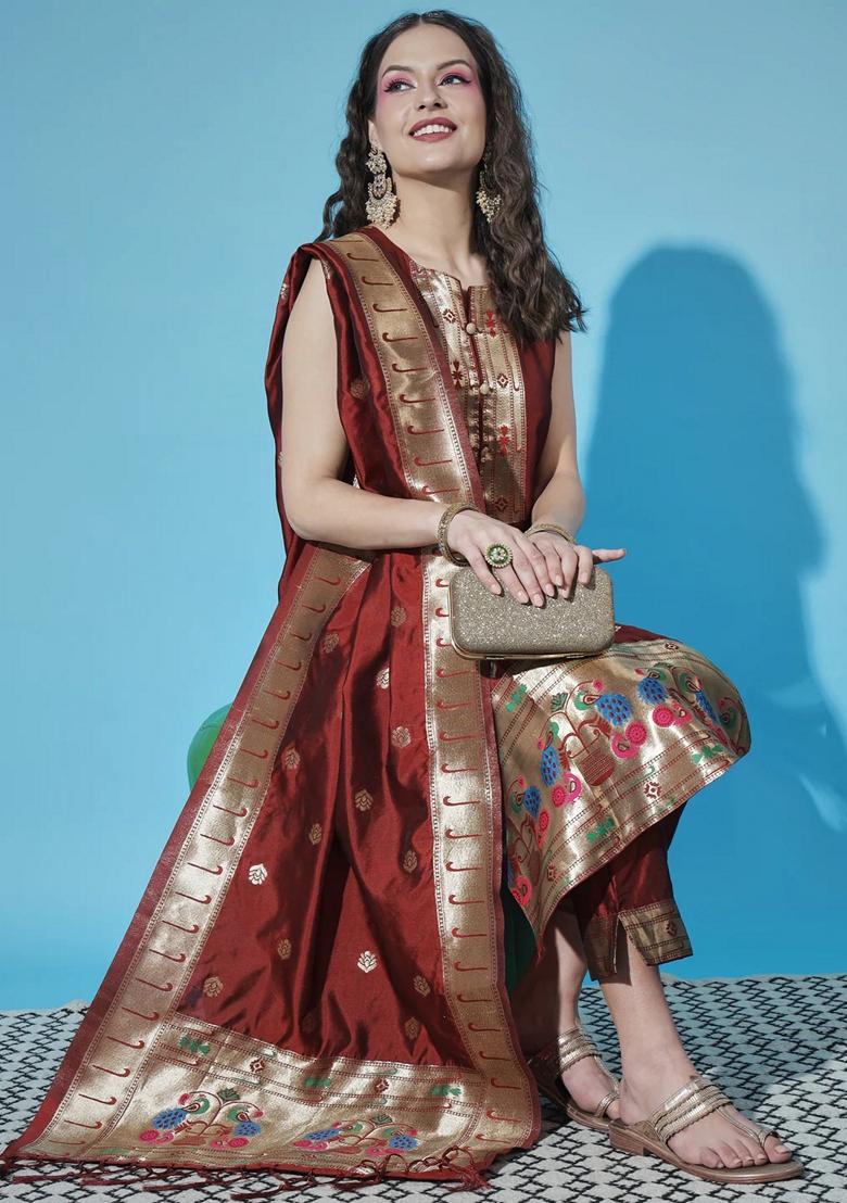 Maroon Banarasi Woven Self Designed Pure Cotton Salwar Kameez With Dupatta