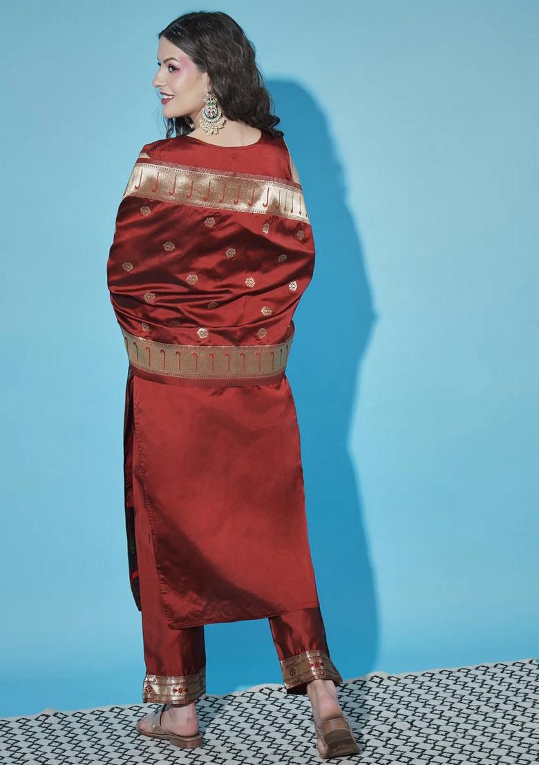Maroon Banarasi Woven Self Designed Pure Cotton Salwar Kameez With Dupatta