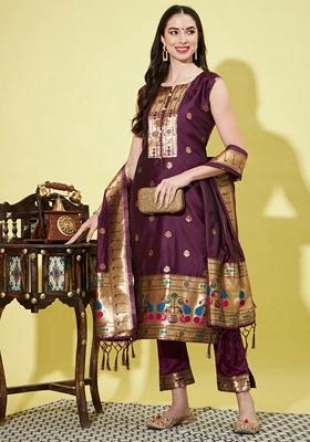 Purple Banarasi Woven Self Designed Pure Cotton Salwar Kameez With Dupatta