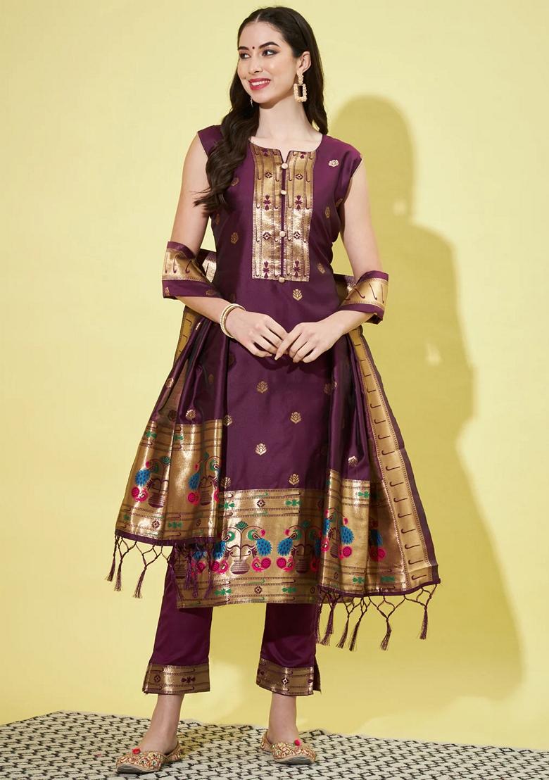 Purple Banarasi Woven Self Designed Pure Cotton Salwar Kameez With Dupatta