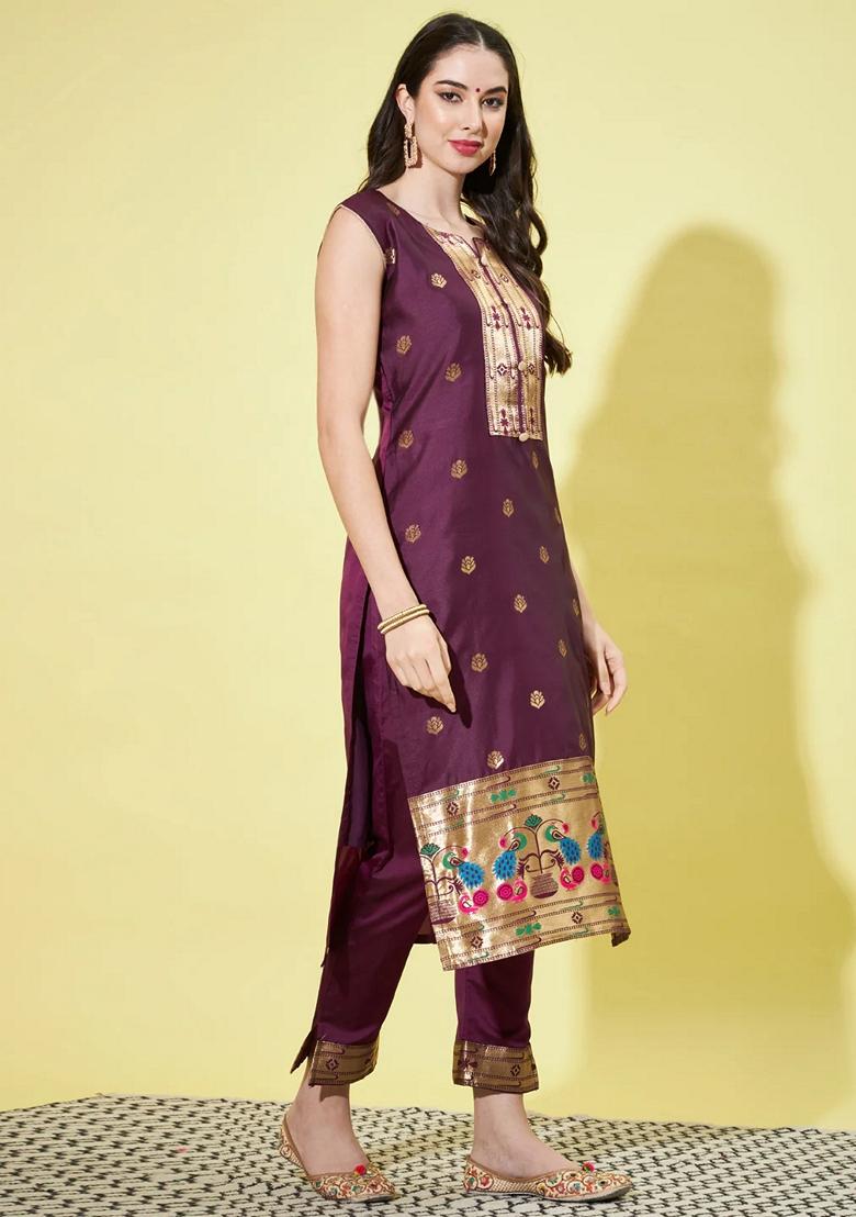 Purple Banarasi Woven Self Designed Pure Cotton Salwar Kameez With Dupatta