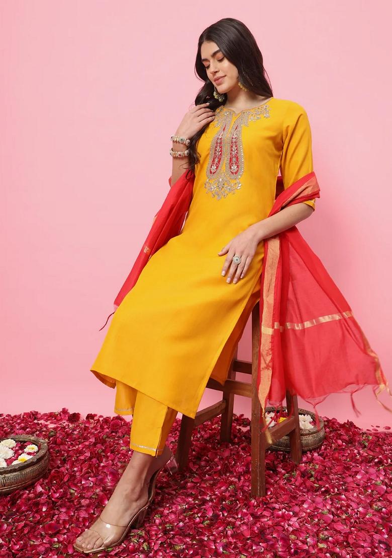 Yellow Embroidered Pure Cotton Salwar Kameez With Dupatta