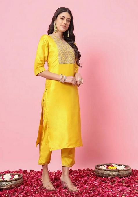 Yellow Embroidered Silk Blend Salwar Kameez With Dupatta