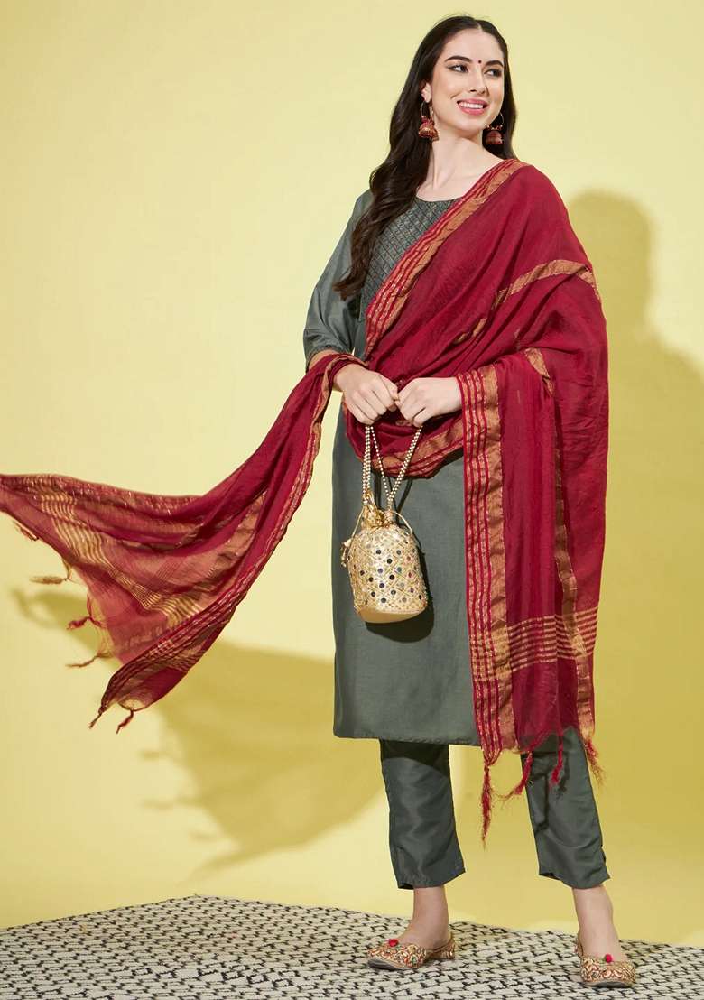 Mehendi Green Embroidered Silk Blend Salwar Kameez With Dupatta - Indya