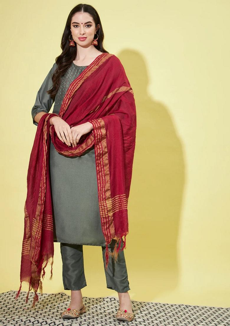 Mehendi Green Embroidered Silk Blend Salwar Kameez With Dupatta