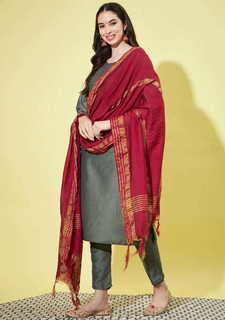Mehendi Green Embroidered Silk Blend Salwar Kameez With Dupatta - Indya