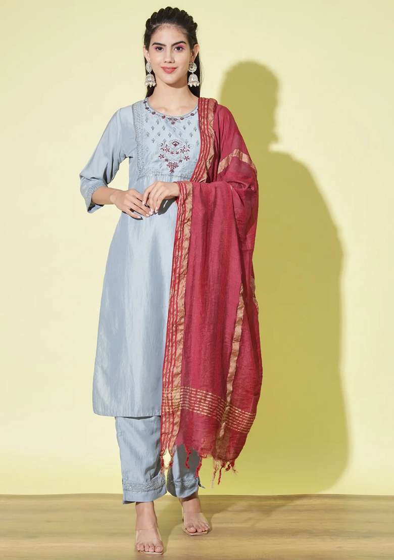 Sky Blue Embroidered Silk Blend Salwar Kameez With Dupatta - Indya