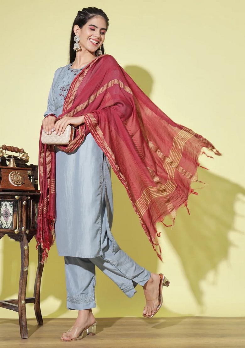Sky Blue Embroidered Silk Blend Salwar Kameez With Dupatta