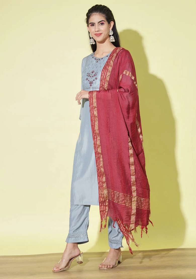 Sky Blue Embroidered Silk Blend Salwar Kameez With Dupatta - Indya
