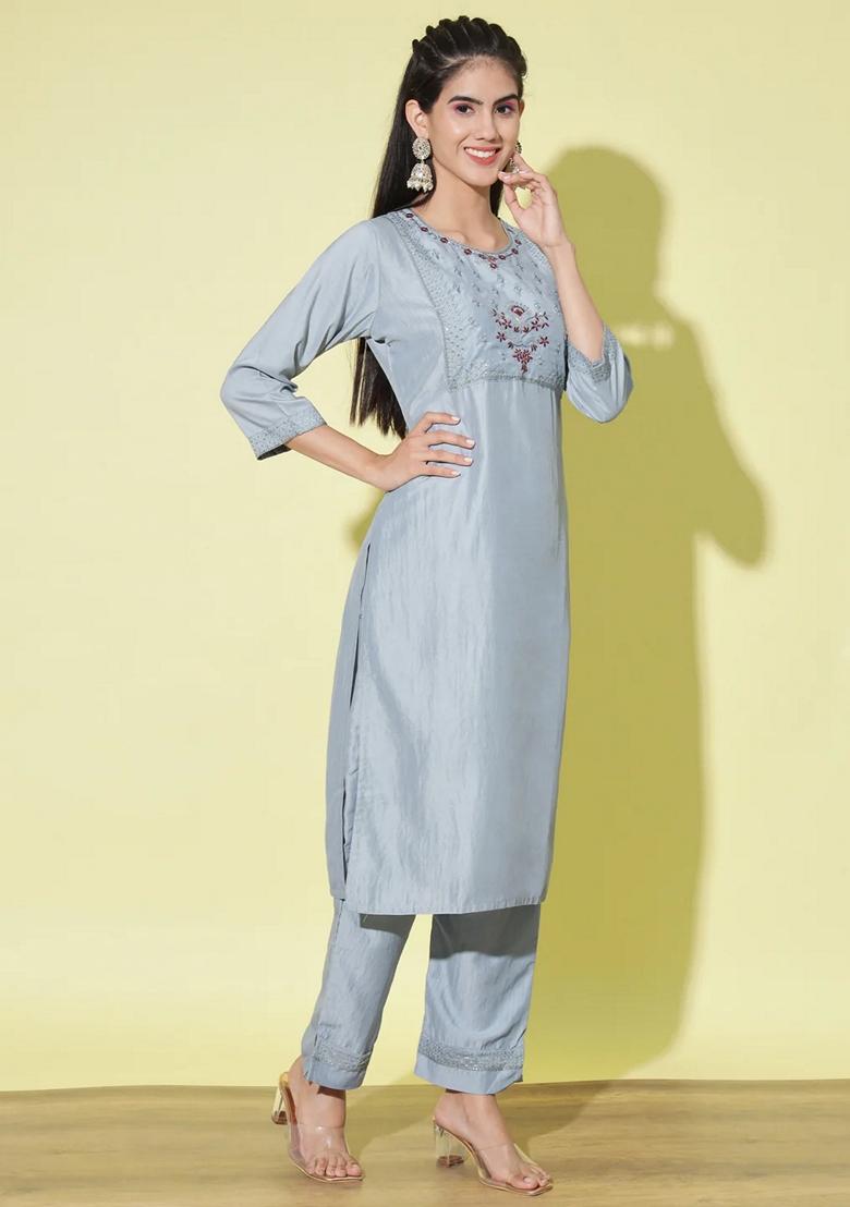 Sky Blue Embroidered Silk Blend Salwar Kameez With Dupatta