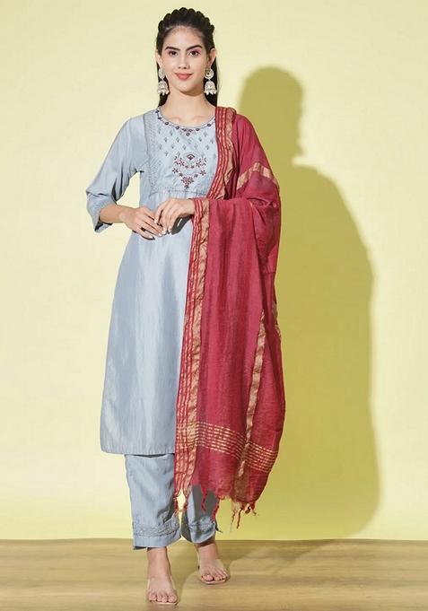 Sky Blue Embroidered Silk Blend Salwar Kameez With Dupatta