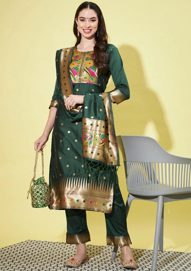 Green Banarasi Woven Self Designed Pure Cotton Salwar Kameez With Dupatta