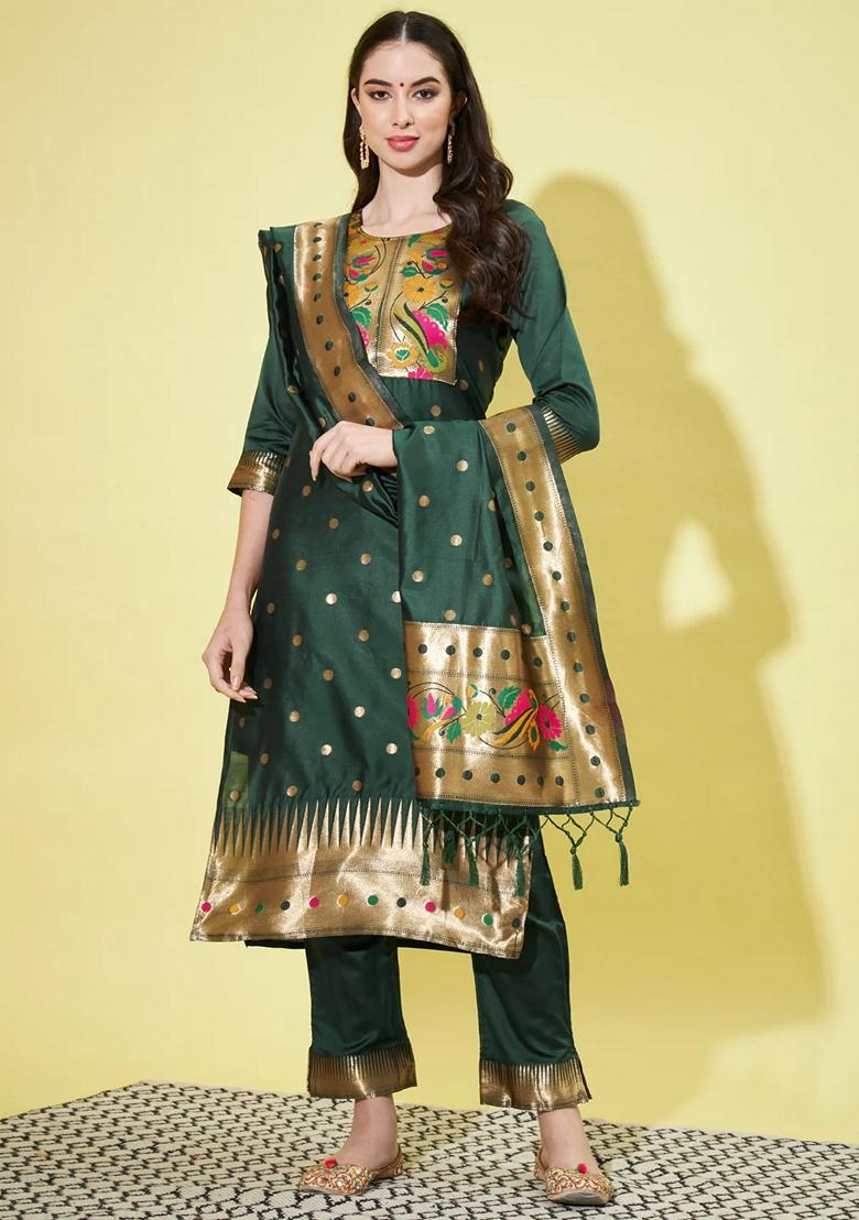Green Banarasi Woven Self Designed Pure Cotton Salwar Kameez With Dupatta
