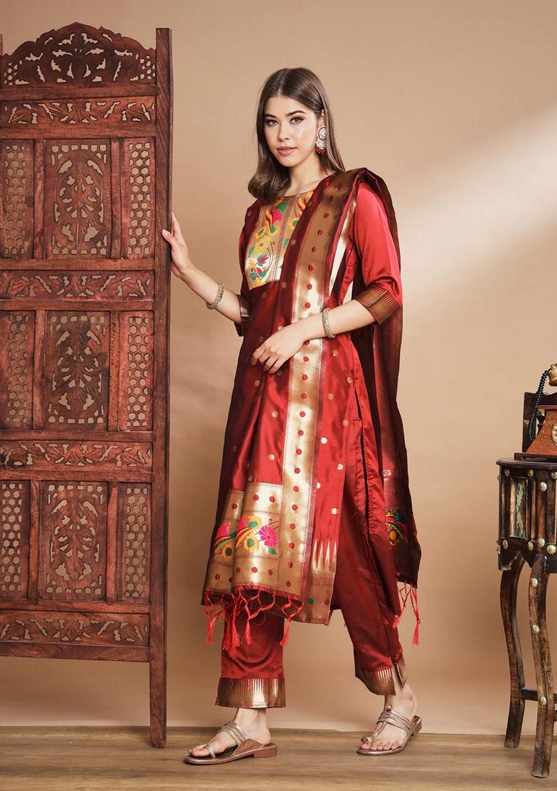 Maroon Banarasi Woven Self Designed Pure Cotton Salwar Kameez With Dupatta