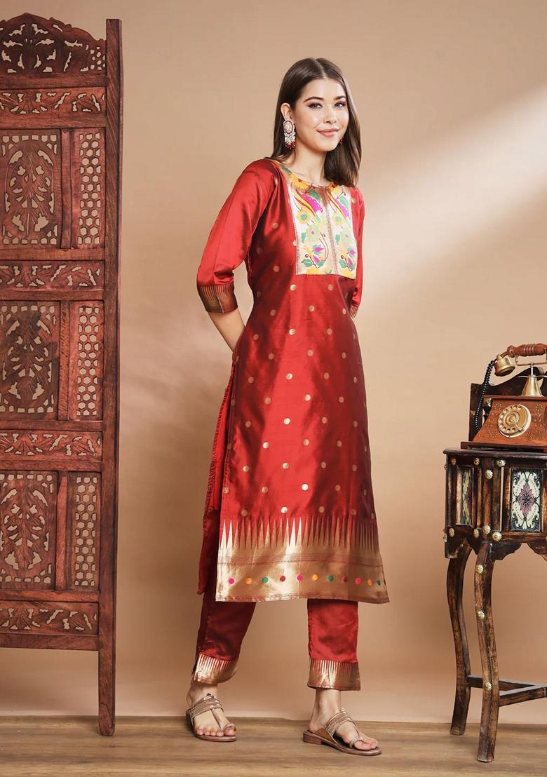 Maroon Banarasi Woven Self Designed Pure Cotton Salwar Kameez With Dupatta