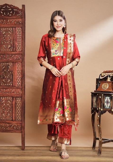 Maroon Banarasi Woven Self Designed Pure Cotton Salwar Kameez With Dupatta