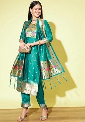 Rama Green Banarasi Woven Self Designed Pure Cotton Salwar Kameez With Dupatta